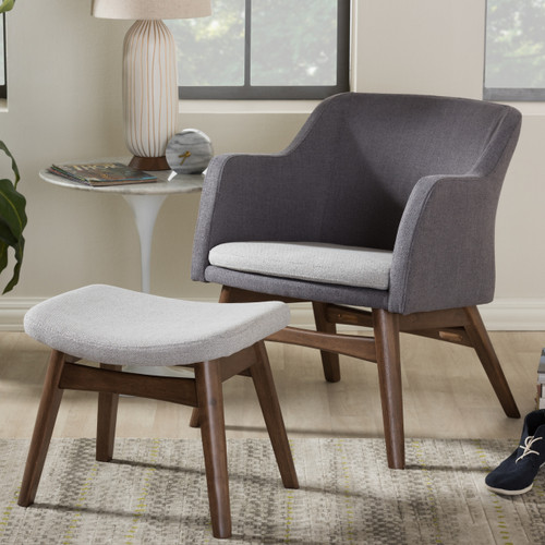 Baxton Studio Vera Mid-Century Modern Two-Tone Grey Fabric Lounge Chair and Ottoman Set