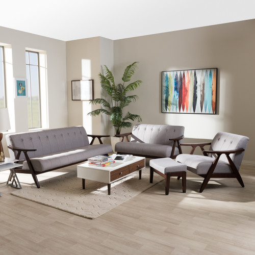 Baxton Studio Enya Mid-Century Modern Walnut Wood Grey Fabric 4-Piece Living Room Set