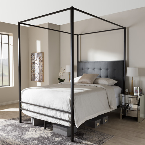 Baxton Studio Eleanor Vintage Industrial Black Finished Metal Canopy Queen Bed