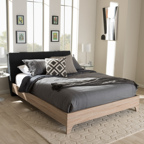 Baxton Studio Adelia Mid-Century Charcoal Grey Whitewash Platform Bed