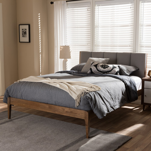 Baxton Studio Ember Mid-Century Light Grey Fabric and Medium Brown Finish Wood Platform Bed