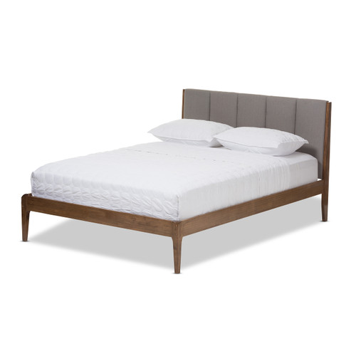 Baxton Studio Ember Mid-Century Light Grey Fabric and Medium Brown Finish Wood Platform Bed