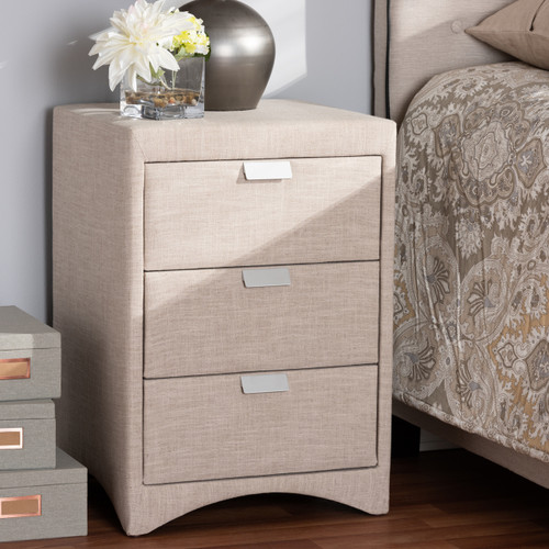 Baxton Studio Talia Modern and Contemporary Beige Fabric Upholstered 3-Drawer Nightstand