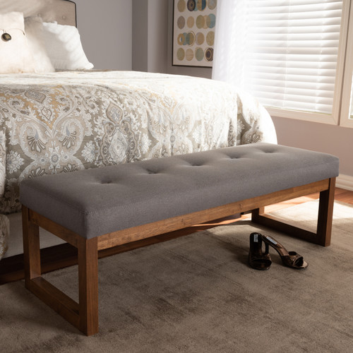 Baxton Studio Caramay Modern and Contemporary Grey Fabric Upholstered Walnut Brown Finished Wood Bench