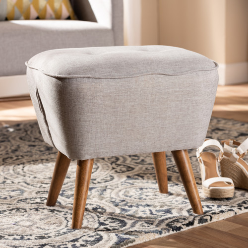 Baxton Studio Petronelle Mid-Century Modern Greyish Beige Fabric Upholstered Walnut Brown Finished Wood Ottoman