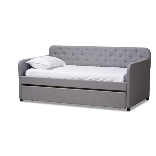 Baxton Studio Camelia Modern and Contemporary Grey Fabric Upholstered Button-Tufted Twin Size Sofa Daybed with Roll-Out Trundle Guest Bed