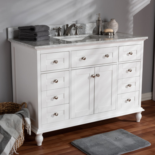 Baxton Studio Caroline 48-Inch Transitional White Finished Wood and Marble Single Sink Bathroom Vanity