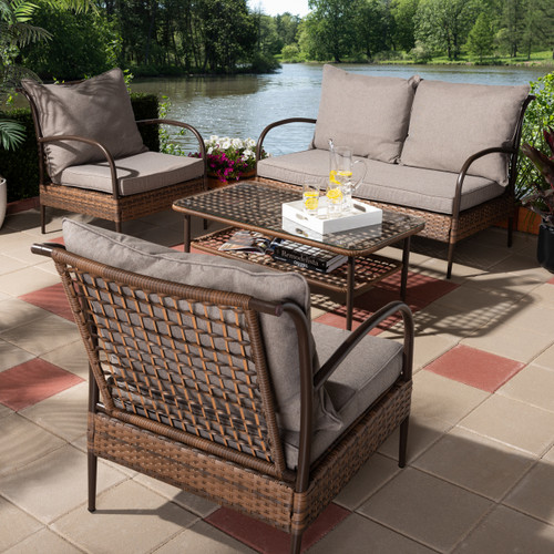 Baxton Studio Tiago Modern and Contemporary Brown Fabric Upholstered and Dark Brown Rattan 4-Piece Outdoor Patio Lounge Set