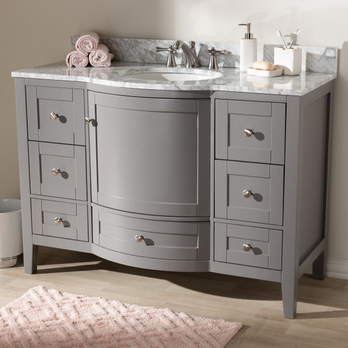 Baxton Studio Nicole 48-Inch Transitional Grey Finished Wood and Marble Single Sink Bathroom Vanity