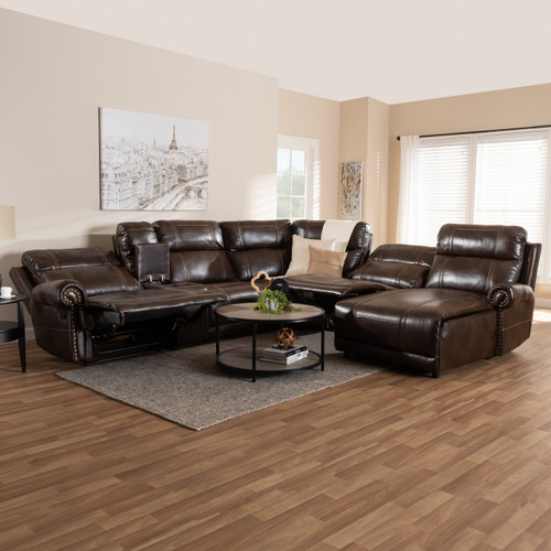 Baxton Studio Dacio Modern and Contemporary Brown Faux Leather Upholstered 6-Piece Sectional Recliner Sofa with 2 Reclining Seats