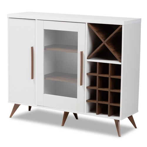 Baxton Studio Pietro Mid-Century Modern White and Walnut Finished Wood Wine Cabinet