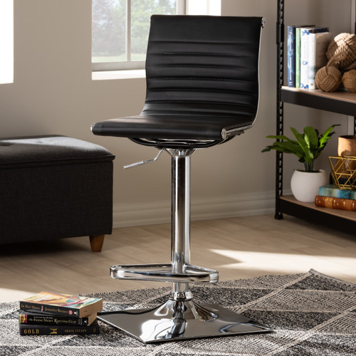 Baxton Studio Vanni Modern and Contemporary Black Faux Leather Upholstered Chrome-Finished Metal Adjustable Swivel Bar Stool