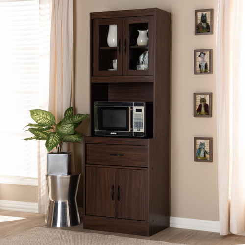 Baxton Studio Laurana Modern and Contemporary Dark Walnut Finished Kitchen Cabinet and Hutch