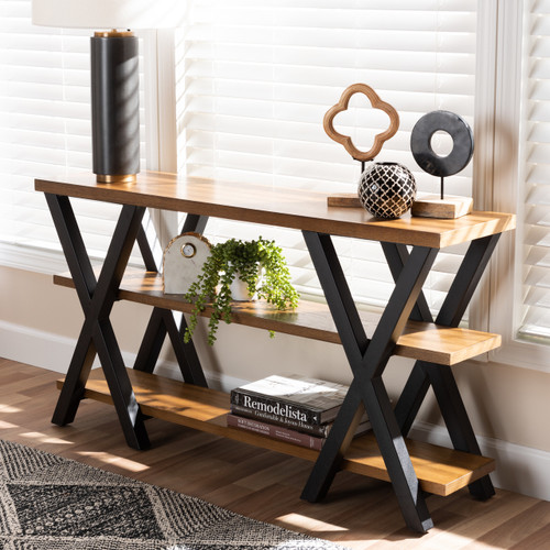 Baxton Studio Duchaine Vintage Rustic Industrial Style Wood and Dark Bronze-Finished Metal Console Table