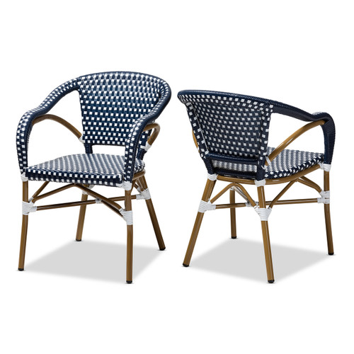 Baxton Studio Eliane Classic French Indoor and Outdoor Navy and White Bamboo Style Stackable Bistro Dining Chair Set