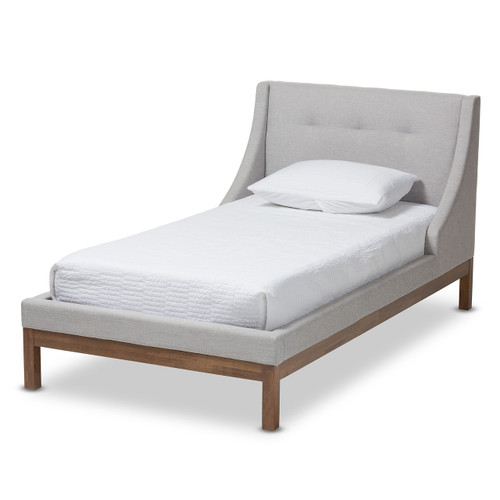 Baxton Studio Louvain Modern and Contemporary Greyish Beige Fabric Upholstered Walnut-Finished Platform Bed