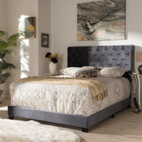 Baxton Studio Candace Luxe and Glamour Dark Grey Velvet Upholstered Bed