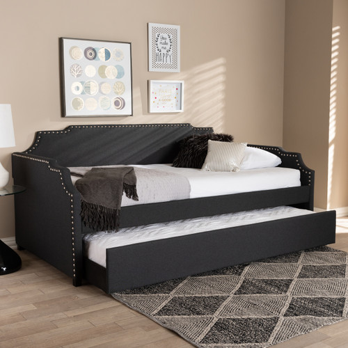 Baxton Studio Ally Modern and Contemporary Charcoal Fabric Upholstered Twin Size Sofa Daybed with Roll Out Trundle Guest Bed