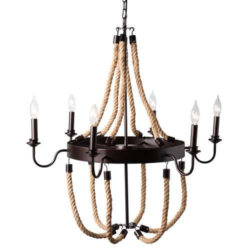 Baxton Studio Cassia Vintage Industrial Antique Style Hemp and Dark Bronze Metal 6 Light Chandelier