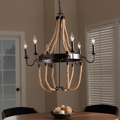 Baxton Studio Cassia Vintage Industrial Antique Style Hemp and Dark Bronze Metal 6 Light Chandelier