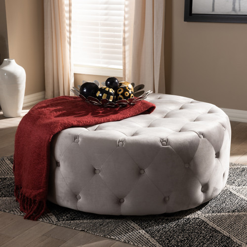 Baxton Studio Cardiff Transitional Gray Velvet Fabric Upholstered Button Tufted Cocktail Ottoman