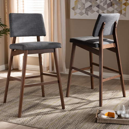 Baxton Studio Colton Mid-Century Modern Dark Gray Fabric Upholstered and Walnut-Finished Wood Bar Stool Set