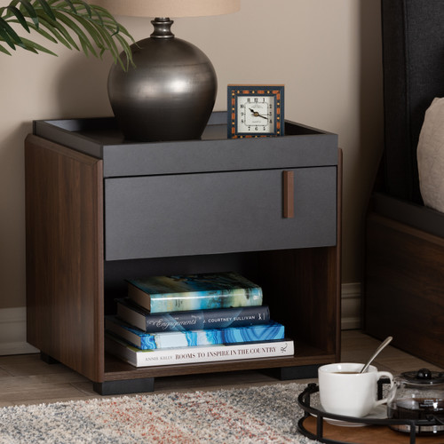 Baxton Studio Rikke Modern and Contemporary Two-Tone Gray and Walnut Finished Wood 1-Drawer Nightstand