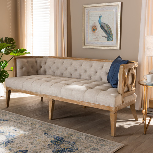 Baxton Studio Agnes French Provincial Beige Linen Fabric Upholstered and White-Washed Oak Wood Sofa