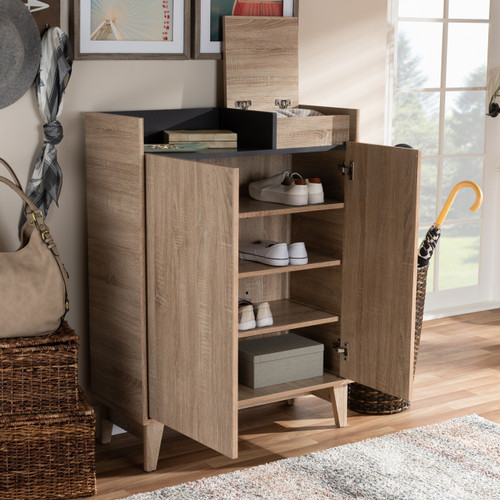 Baxton Studio Fella Mid-Century Modern Two-Tone Oak Brown and Dark Gray Entryway Shoe Cabinet with Lift-Top Storage Compartment