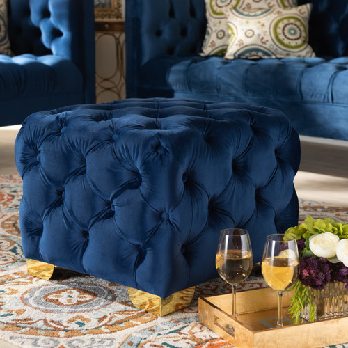 Baxton Studio Avara Glam and Luxe Royal Blue Velvet Fabric Upholstered Gold Finished Button Tufted Ottoman