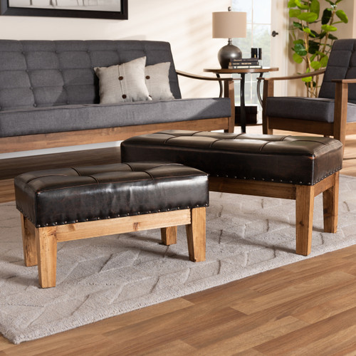 Baxton Studio Lenza Rustic Dark Brown Faux Leather Upholstered 2-Piece Wood Ottoman Set