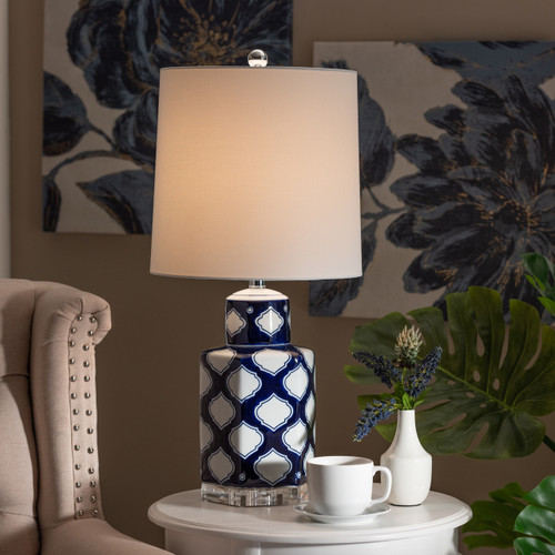 Baxton Studio Tierney Modern and Contemporary Dark Blue and White Quatrefoil Patterned Ceramic Table Lamp