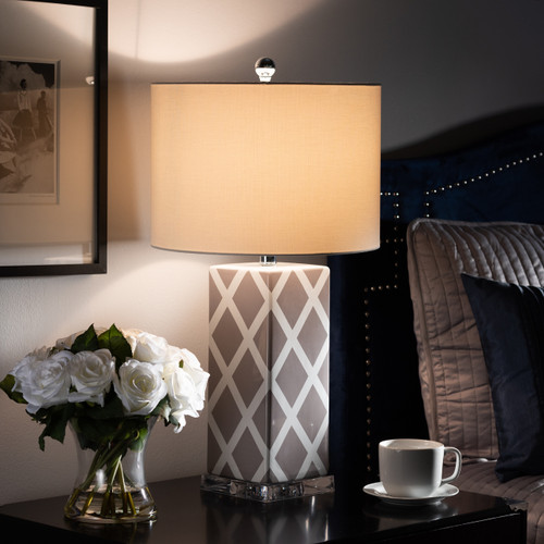 Baxton Studio Selia Modern and Contemporary Gray and White Diamond Patterned Ceramic Table Lamp