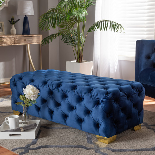 Baxton Studio Avara Glam and Luxe Royal Blue Velvet Fabric Upholstered Gold Finished Button Tufted Bench Ottoman