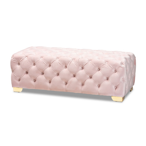 Baxton Studio Avara Glam and Luxe Light Pink Velvet Fabric Upholstered Gold Finished Button Tufted Bench Ottoman