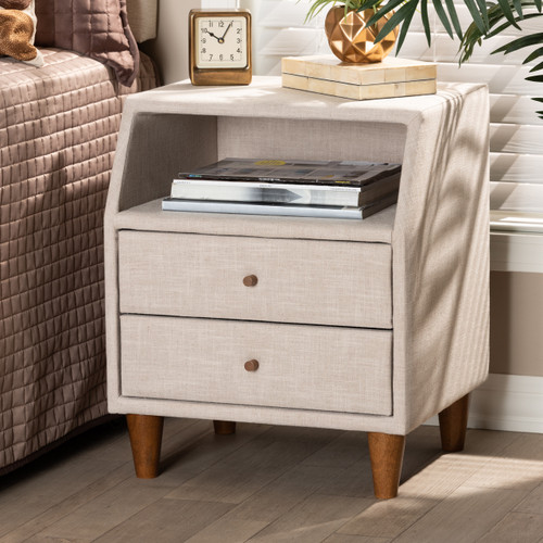 Baxton Studio Claverie Mid-Century Modern Beige Fabric Upholstered 2-Drawer Wood Nightstand