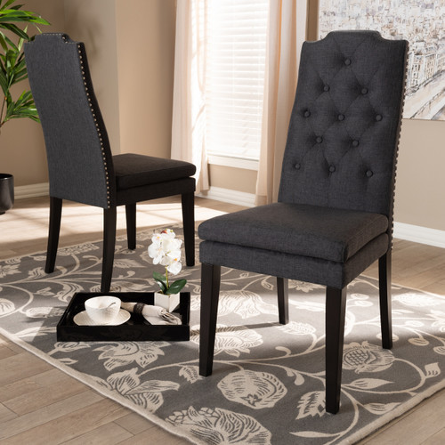 Baxton Studio Dylin Modern and Contemporary Charcoal Fabric Upholstered Button Tufted Wood Dining Chair Set
