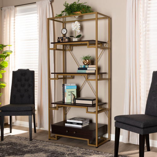 Baxton Studio Cerelia Modern and Contemporary Gold-Tone Steel and Dark Brown Finished Wood 3-Shelf Accent Bookcase with Drawer
