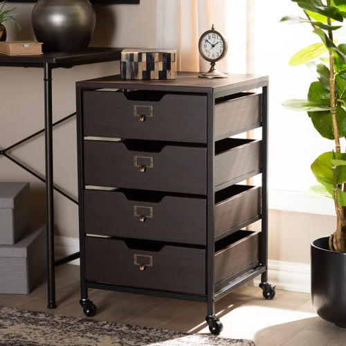 Baxton Studio Felix Modern and Contemporary Espresso Wood and Black Metal 4-Drawer Mobile File Cabinet