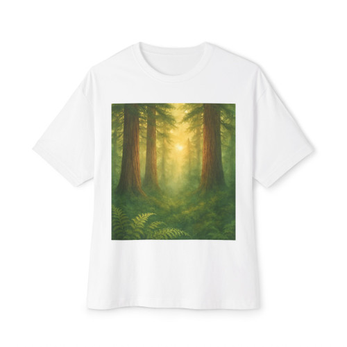 Misty Dawn Over Ancient Redwood Forest - Unisex Oversized Boxy Tee