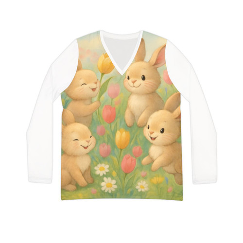 Bunny Blossom Parade - Women's Long Sleeve V-neck Shirt (AOP) Bunny Blossom Parade - Women's Long Sleeve V-neck Shirt (AOP)