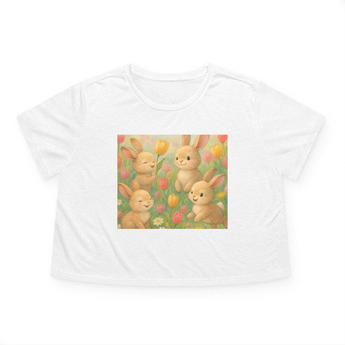 Bunny Blossom Parade - Women's Flowy Cropped Tee Bunny Blossom Parade - Women's Flowy Cropped Tee