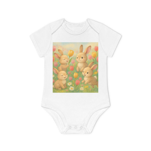 Bunny Blossom Parade - Baby Organic Short Sleeve Bodysuit Bunny Blossom Parade - Baby Organic Short Sleeve Bodysuit