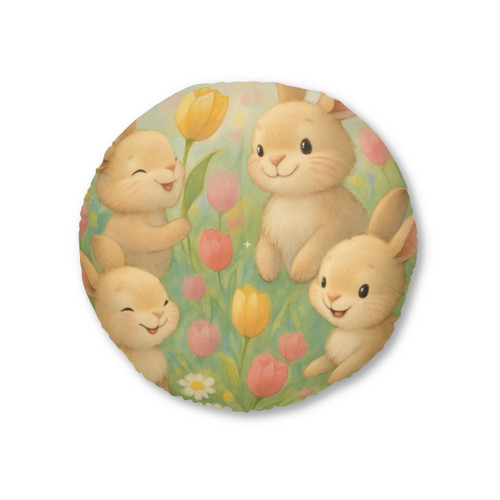 Bunny Blossom Parade - Tufted Floor Pillow, Round