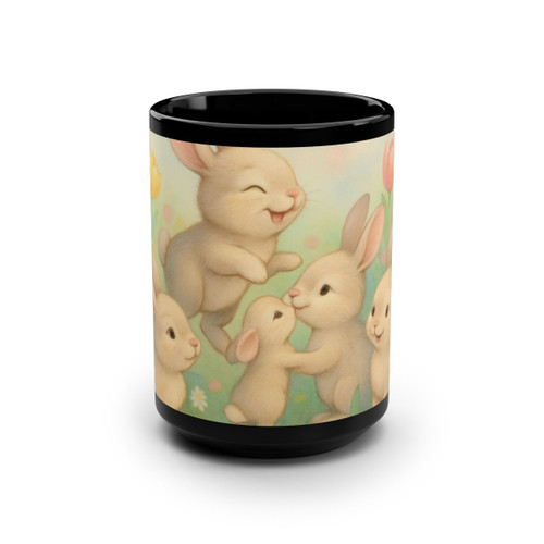 Bunny Blossom Parade - Black Mug, 15oz