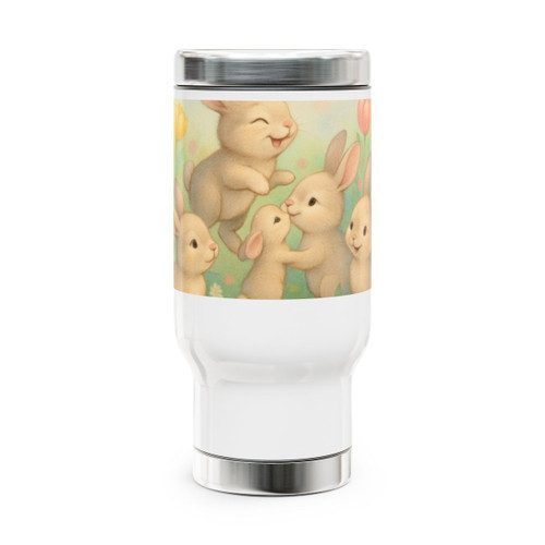 Bunny Blossom Parade - Stainless Steel Travel Mug with Handle, 14oz