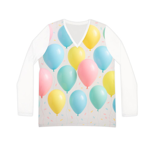 Whimsical Balloon Bash - Women's Long Sleeve V-neck Shirt (AOP) Whimsical Balloon Bash - Women's Long Sleeve V-neck Shirt (AOP)