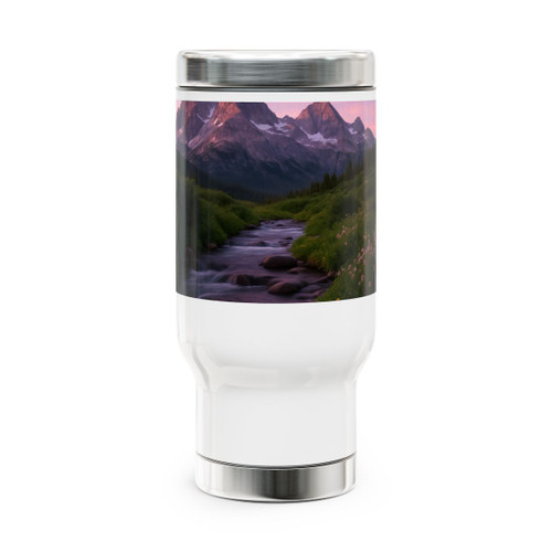 Serene Mountain Retreat - Stainless Steel Travel Mug with Handle, 14oz