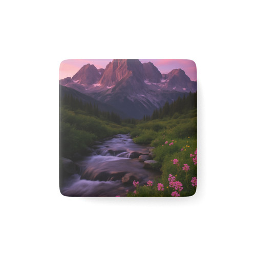 Serene Mountain Retreat - Porcelain Magnet, Square