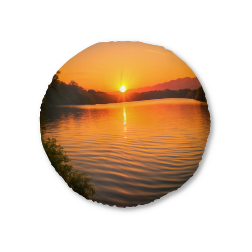 Golden Hour Over Lake - Tufted Floor Pillow, Round